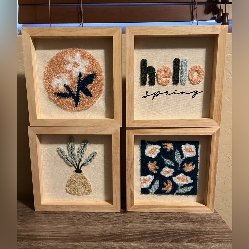 Target Bullseye Set of Four Framed Hello Spring Flower Tufted Decor 7” NWT